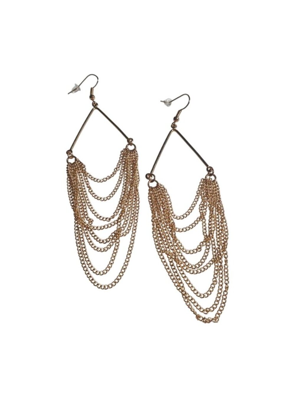 Gold Tone Multi Layered Chain Earrings Dangle Chandelier Style 4.5 In Retro Deco